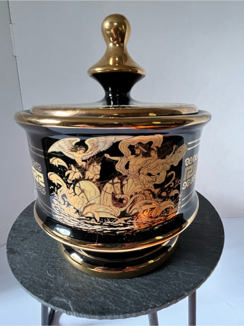 Vintage handmade  Greek porcelain lidded jar 1960s